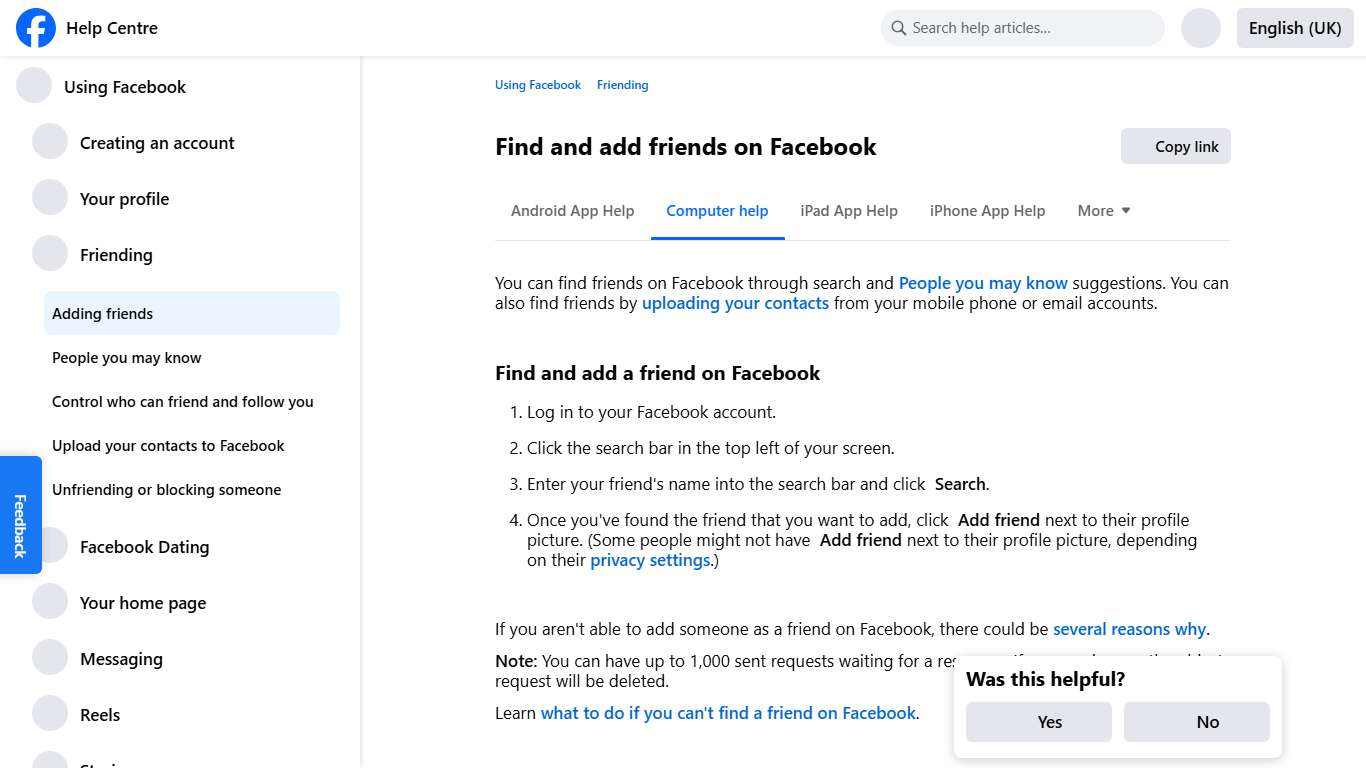 Find and add friends on Facebook | Facebook Help Centre