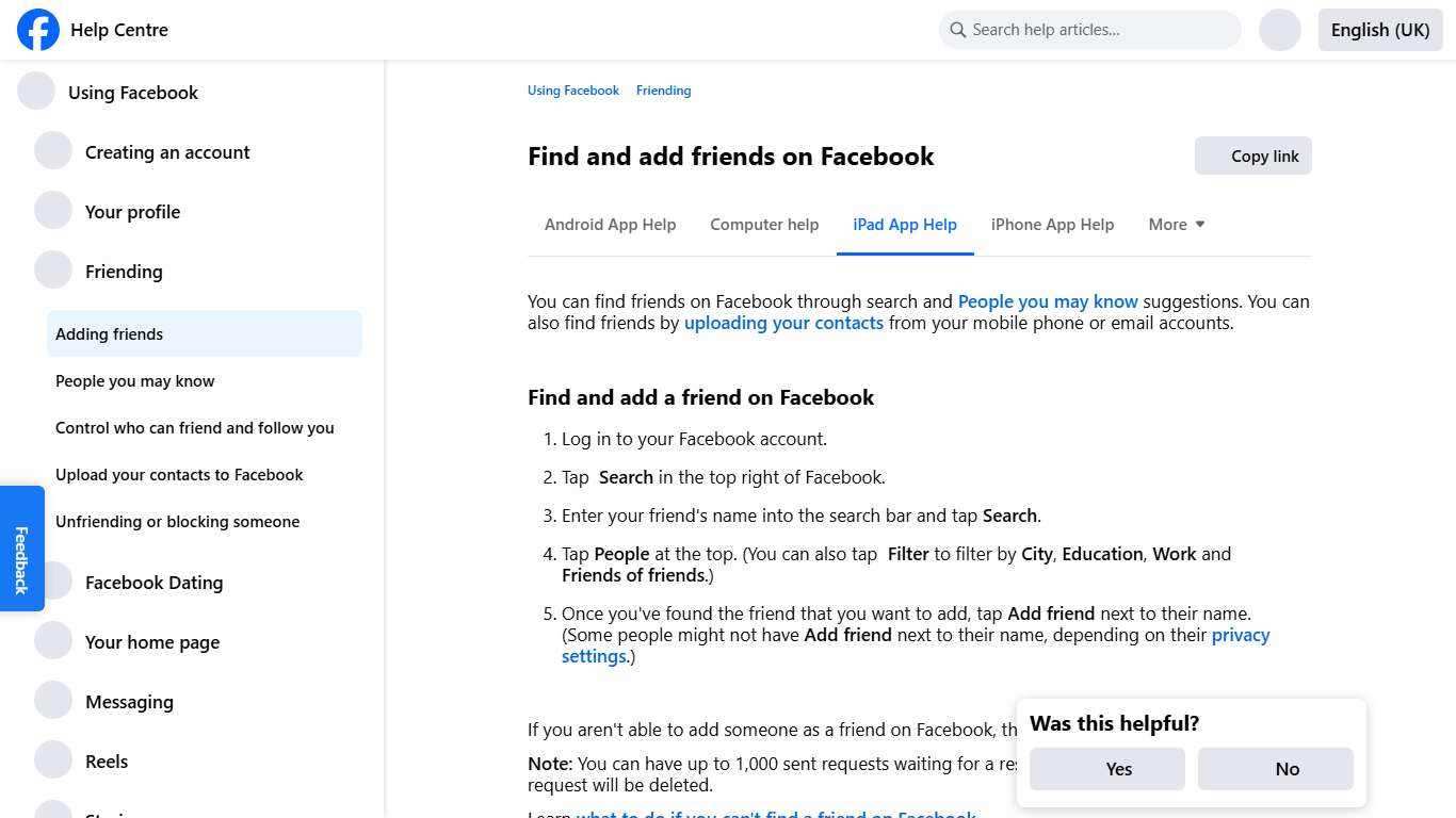 Find and add friends on Facebook | Facebook Help Centre